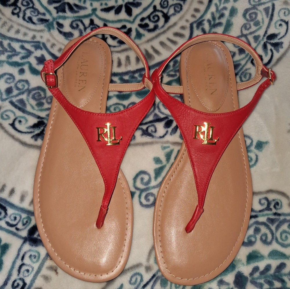 🆕Lauren Ralph Lauren Womens RED Ellington Leather Logo Slingback Sandals Size 8